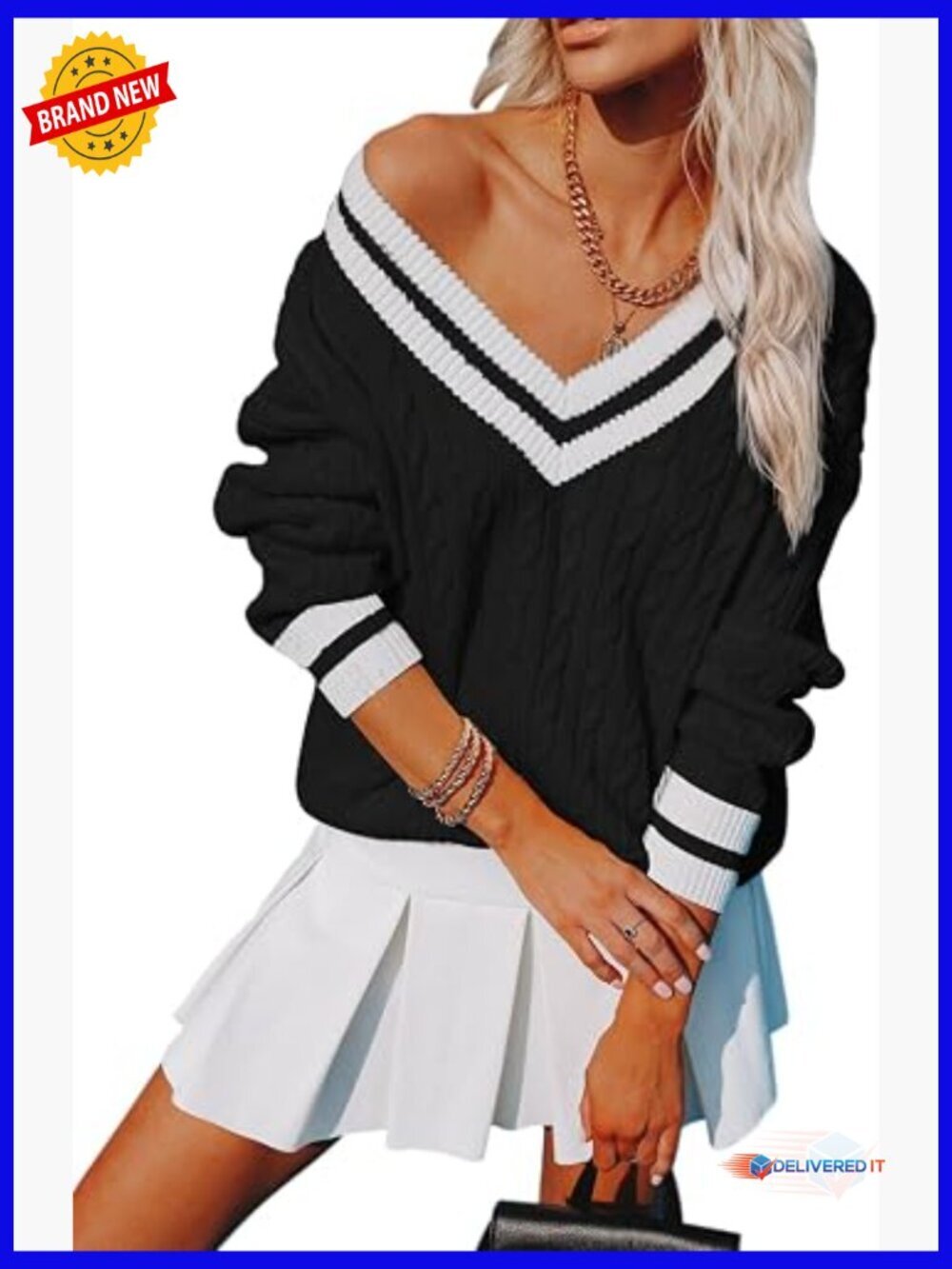 V Neck Oversized Sweater Long Sleeve Chunky Cable Knit Striped Pullover Tunic
